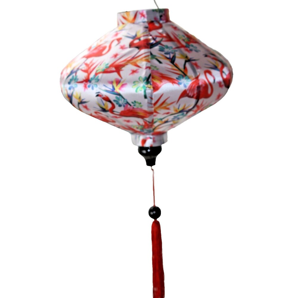 White w Pink Flamingos Satin Chinese Lantern Asian Oriental Decor